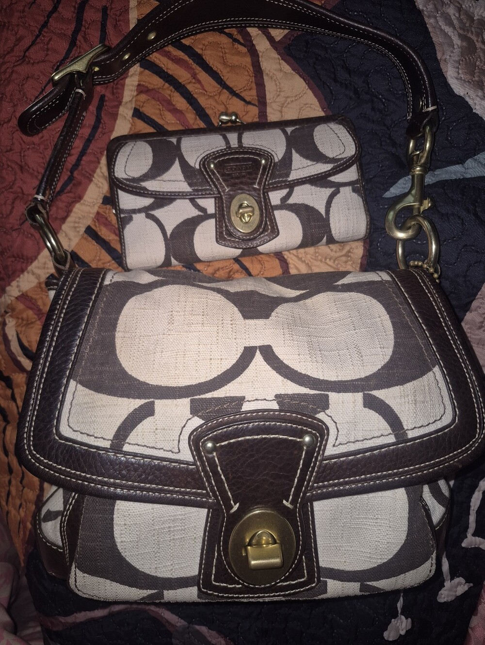 Designer-Style Brown & Ivory Canvas Shoulder Bag with Matching Wallet